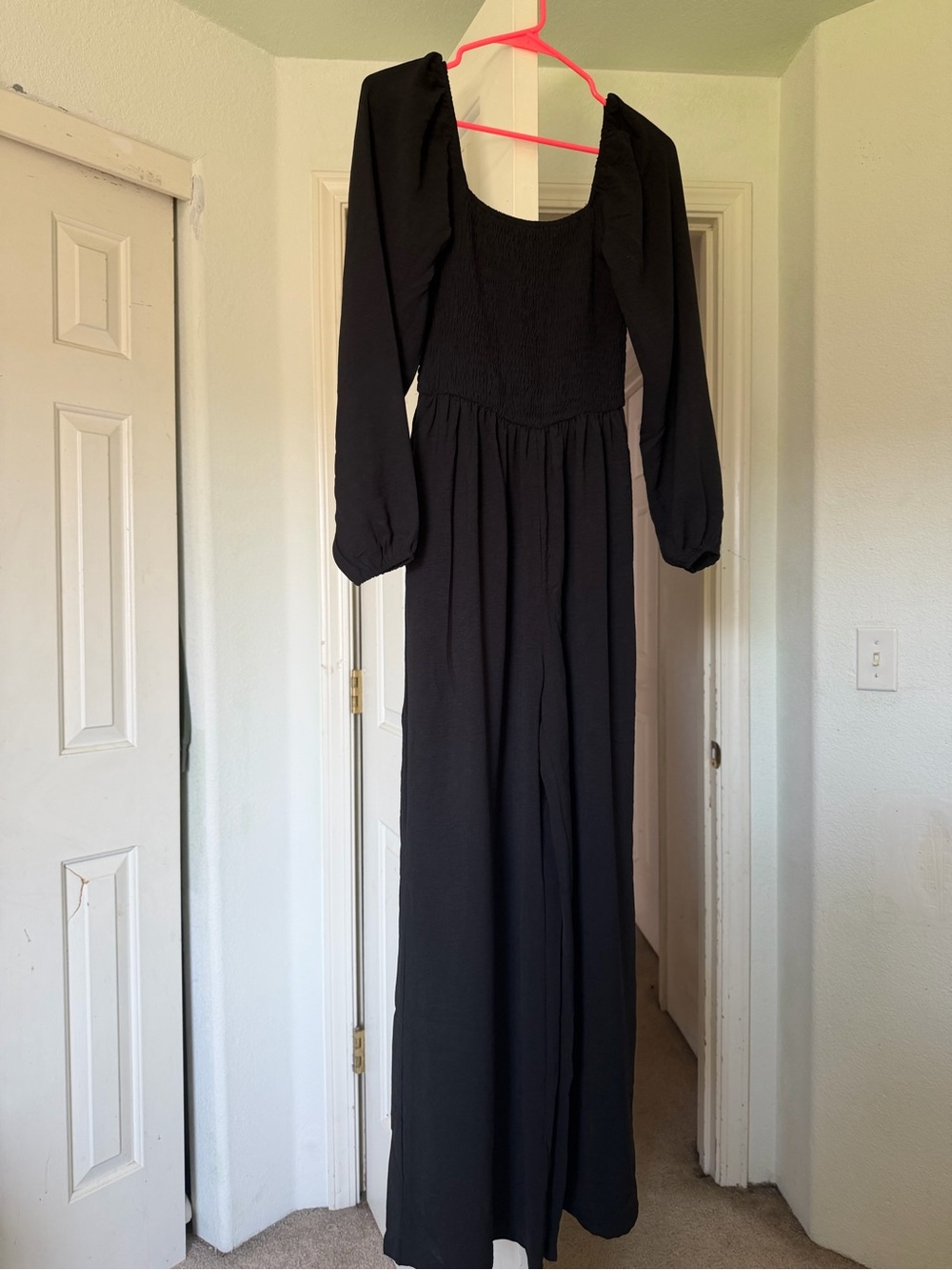 Smocked Square-Neck Black Jumpsuit with Long Puff Sleeves